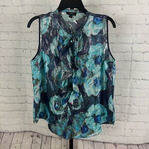 J. Crew Ruffle Front Floral Print Jacquard Button Down Sleeveless Size Medium